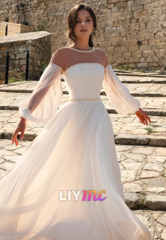 Women's Evening Garments Limited Stock, Big Discounts LW086 - A Line Illusion Scoop Long Sleeves Beaded Pleated Tulle Long Wedding Dress Women's Evening Garments Limited Stock, Big Discounts LW086 - A Line Illusion Scoop Long Sleeves Beaded Pleated Tulle Long Wedding Dress