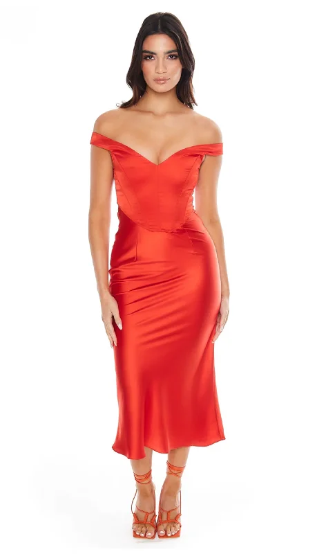 Women's Clothing Sets High-End Style Discounts Red Bardot Corset Midi Slip Dress