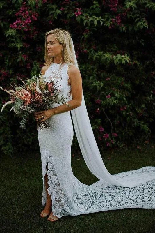 Women's Floral Print Outfit Seasonal Picks Charming Sheath Lace Bride Gown with Slit Open Back Ivory Boho Wedding Dresses Women's Floral Print Outfit Seasonal Picks Charming Sheath Lace Bride Gown with Slit Open Back Ivory Boho Wedding Dresses