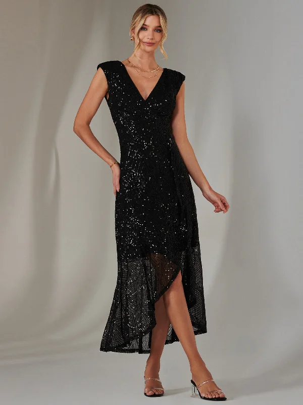 Women's High-End Clothing Fashion Sale Sequin Ruffle Hem Maxi Dress, Black