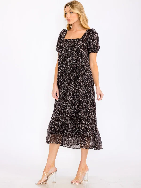 Comfortable Women's Clothing Unleash Your Trend Driven Style WOMEN'S SHORT PUFF SLEEVE SQUARE NECK FLORAL TIERED MAXI DRESS