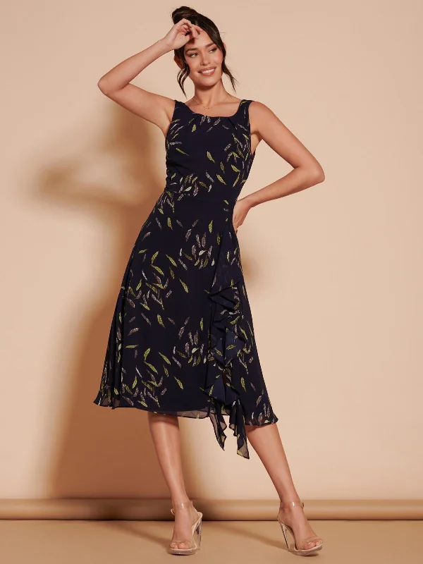 Affordable Women's Outfit Trendy Fashion Sale Print Frill Hem Chiffon Midi Dress, Navy Multi