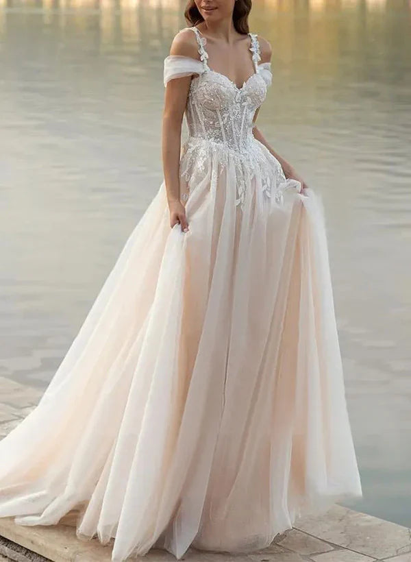 Women's Clothes For Outdoor Events Feminine Style Promotions A-line decal lace off shoulder sheer wedding dress Women's Clothes For Outdoor Events Feminine Style Promotions A-line decal lace off shoulder sheer wedding dress