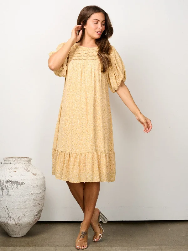 Formal Garments For Women You'Ll Love Us Because WOMEN'S SHORT PUFF SLEEVE PINTUCK FLORAL TUNIC MIDI DRESS