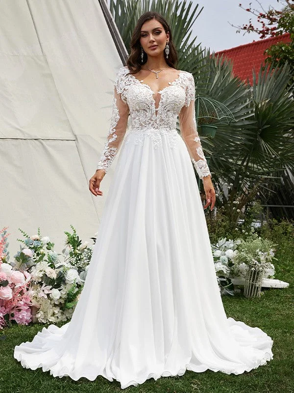 Women's Vacation Outfit New Arrivals A-Line/Princess Chiffon Applique V-neck Long Sleeves Sweep/Brush Train Wedding Dresses