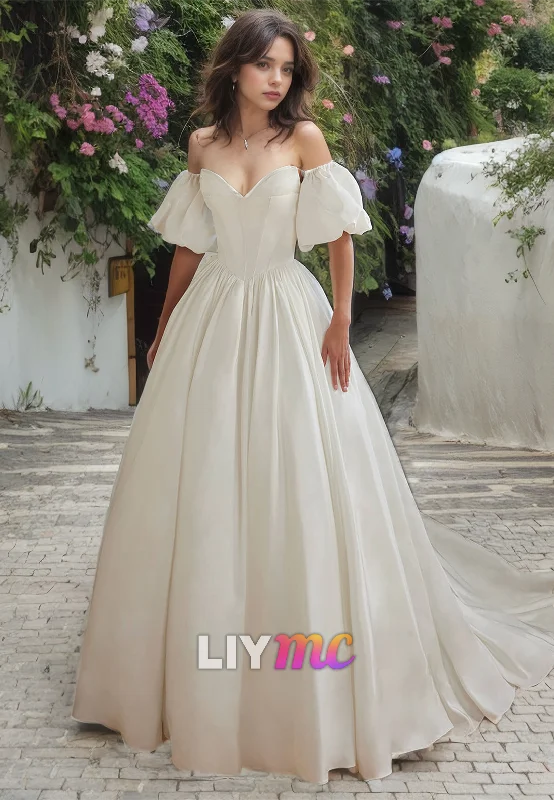 Women's Clothing For Outdoor Events Holiday Attire Sale V-Neck Puff Sleeves Pleated Sleek A-Line Wedding Dress Women's Clothing For Outdoor Events Holiday Attire Sale V-Neck Puff Sleeves Pleated Sleek A-Line Wedding Dress