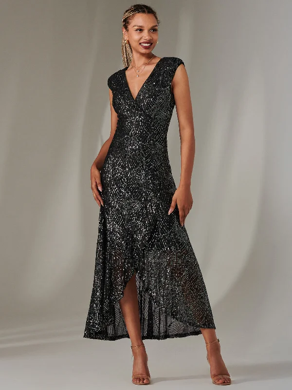 Affordable Fashion Clothing For Women Stylish Savings Sequin Ruffle Hem Maxi Dress, Black- Silver