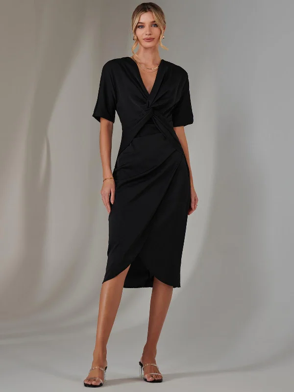 Women's Loungewear Clothes Relaxed Style Plain Twist Front Tulip Midi Dress, Black