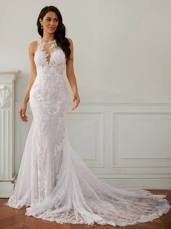 Women's Luxury Garments Hot Styles Sheath/Column Lace Scoop Sleeveless Court Train Wedding Dresses