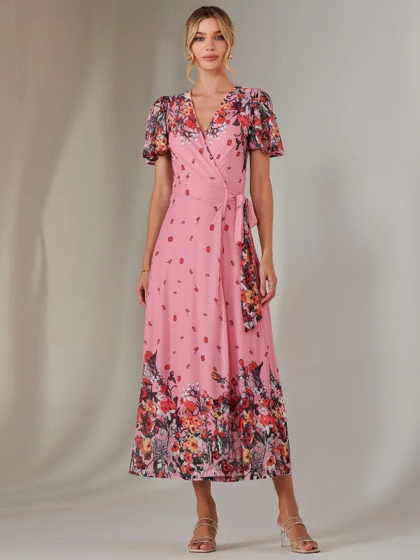 Women's Clothing For Outdoor Activities Clearance Event Mirror Print Mesh Wrap Maxi Dress, Pink Floral