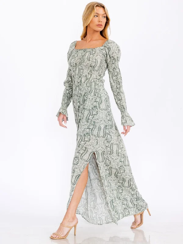 Women's Wedding Apparel Trendy Pulse WOMEN'S LONG SLEEVE SMOCK SQUARE NECK PRINTED MAXI DRESS