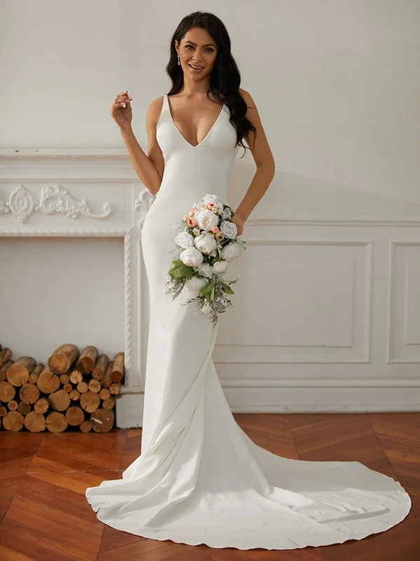 Chic Clothing For Women Holiday Attire Sale Sheath/Column Stretch Crepe V-neck Sleeveless Court Train Wedding Dresses