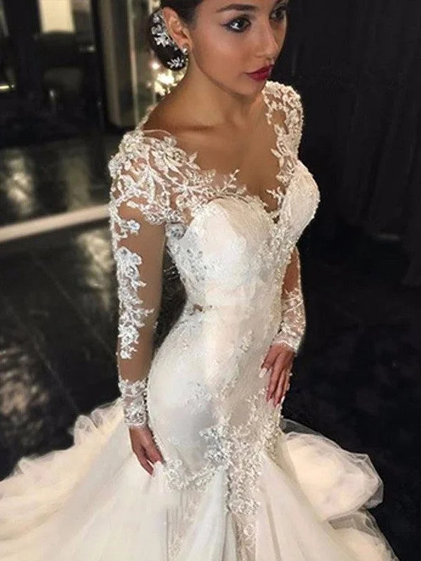 Women's Vacation Clothes Cozy Comfort Style Sale Trumpet/Mermaid V-neck Long Sleeves Lace Court Train Tulle Wedding Dresses Women's Vacation Clothes Cozy Comfort Style Sale Trumpet/Mermaid V-neck Long Sleeves Lace Court Train Tulle Wedding Dresses