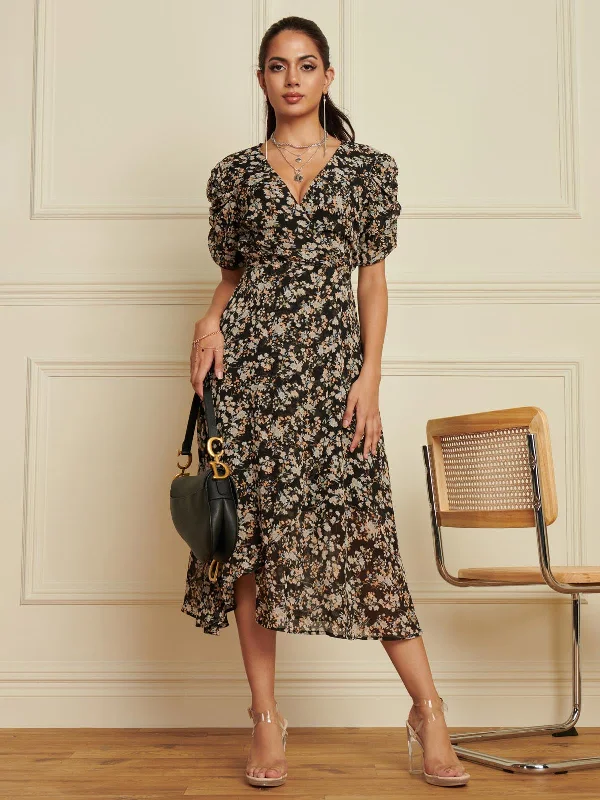 Affordable Women's Outfit The Latest Trends Puff Sleeve Chiffon Wrap Midi Dress, Black Ditsy