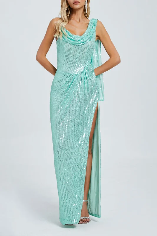 Affordable Luxury Women's Apparel The Good Stuff Goddess Cowl Neck Ruched Drop Waist High Slit Sequin Evening Maxi Dress