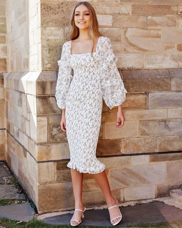 Women's Clothes For Outdoor Events Discover Promotions Ena Floral Midi Dress - White