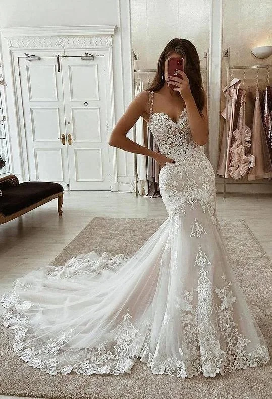 Women's Trendy Casual Clothes Flash Sale Fever Mermaid Lace/Tulle Spaghetti Straps Long Wedding Dresses