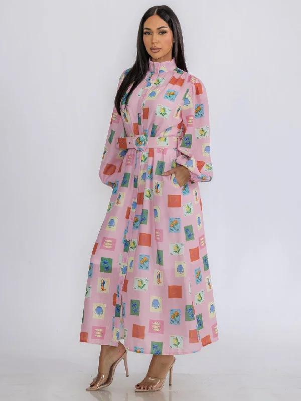 Stylish Clothes For Women Must Haves WOMEN'S LONG SLEEVE BUTTON UP BELTED POCKETS MULTI PRINT MAXI DRESS
