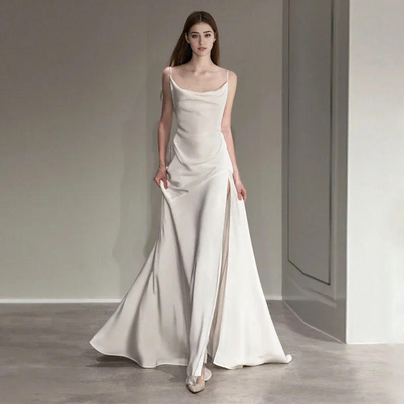 Women's Vintage Clothes Casual Yet Chic Sales Wedding Dress French Spaghetti Strap Satin V Back Side Fork Elegant Simple Long Formal Wear Dresses