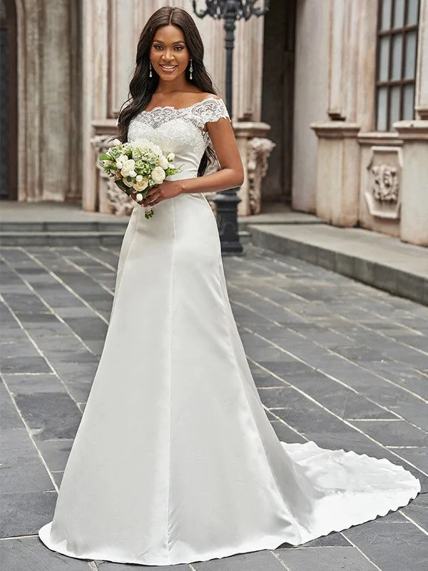 Timeless Women's Garments Evening Elegance A-Line/Princess Scoop Satin Lace Sleeveless Chapel Train Wedding Dresses Timeless Women's Garments Evening Elegance A-Line/Princess Scoop Satin Lace Sleeveless Chapel Train Wedding Dresses