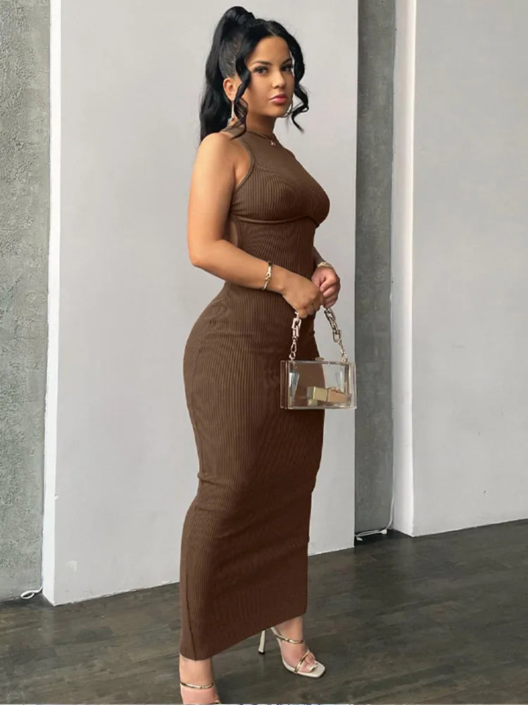 Women's Casual Apparel For Weekends Relaxed Style Ribbed Hollow Backless Sleeveless Sexy Slit Mini Elegant Y2K Midi Dresses