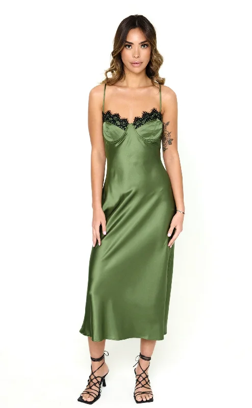 Women's Trendy Outfit Massive Selection Sale Green Lace Detail Satin Slip Dress