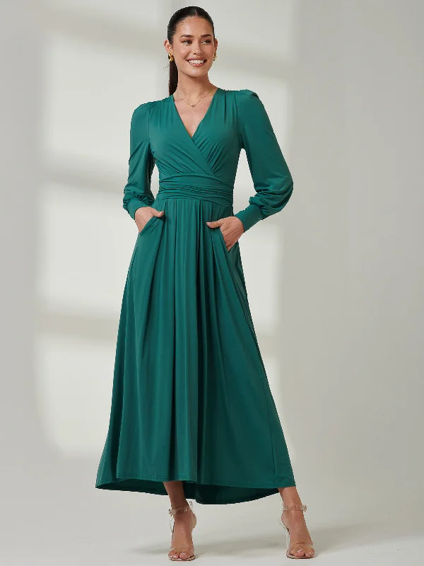Women's Outdoor Attire Easy Elegance Sales Long Sleeve Super Soft Jersey Maxi Dress, Peacock Green