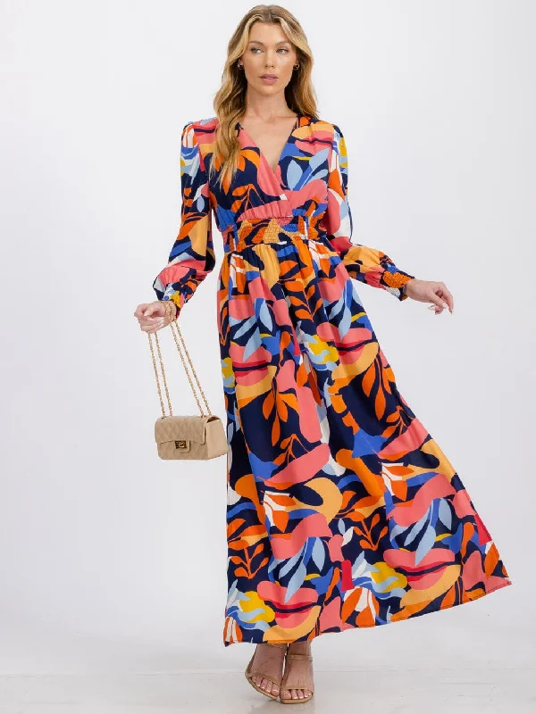 Women's Vacation Clothes Valentine's Special WOMEN'S LONG SLEEVE SURPLICE ELASTIC WAIST MULTI PRINT MAXI DRESS