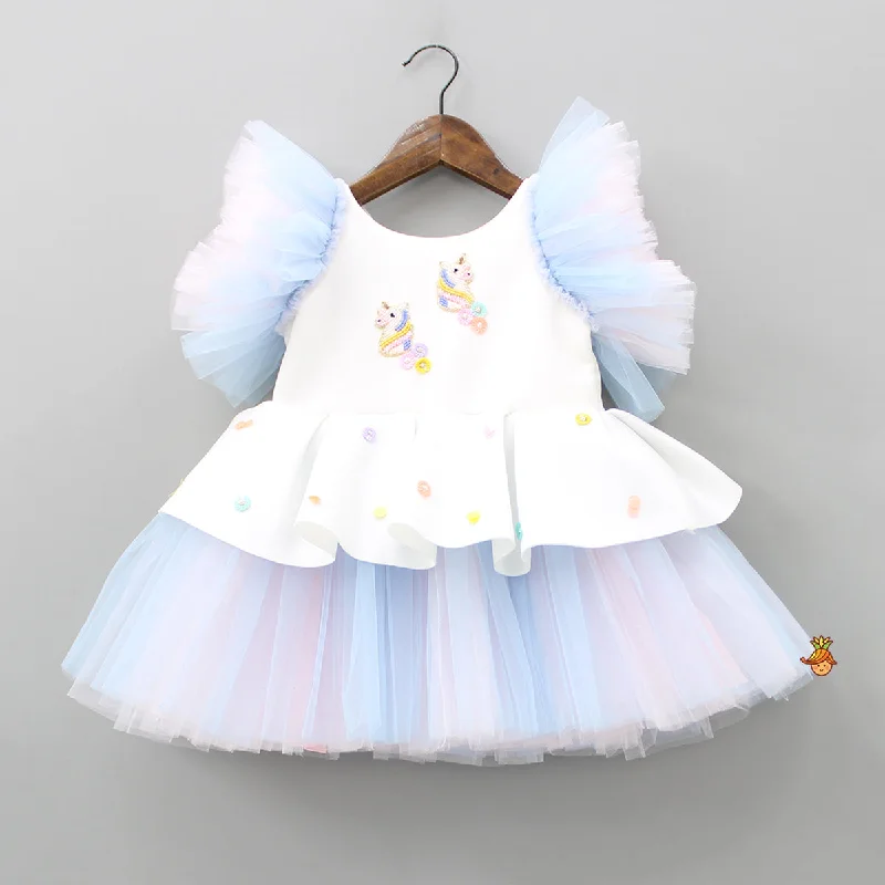 Women's Athletic Apparel Fashionista Sale Unicorn Embroidered Yoke Neoprene White And Light Blue Dress Women's Athletic Apparel Fashionista Sale Unicorn Embroidered Yoke Neoprene White And Light Blue Dress