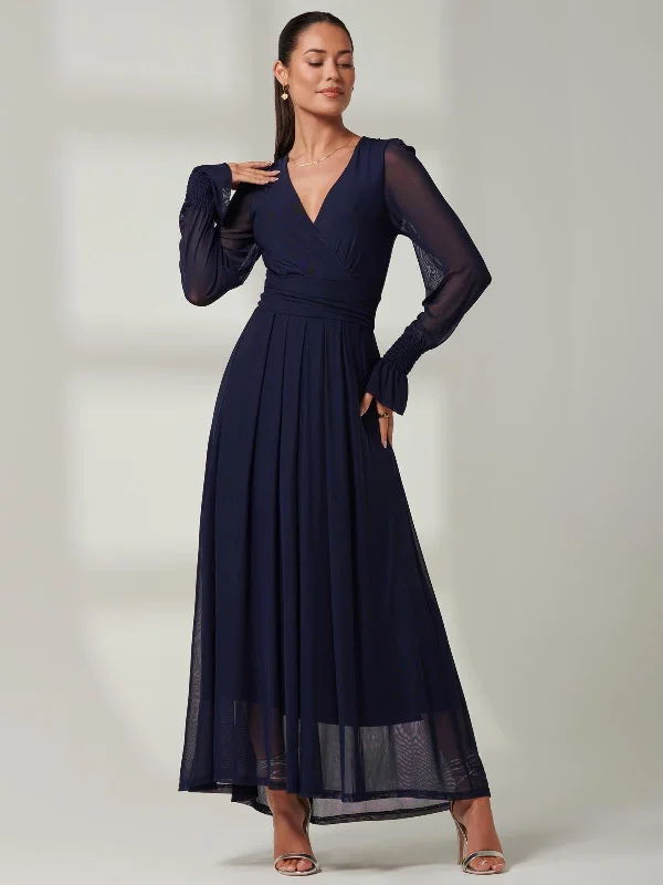 Women's Travel Attire Hot Sale Blue Greta Long Sleeve Mesh Maxi Dress, Navy