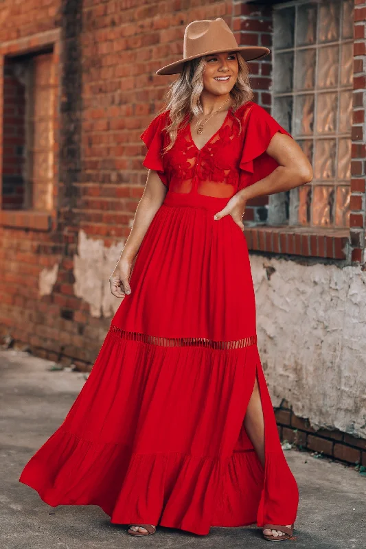 Women's Professional Outfit Holiday Glam Skylar Embroidered Maxi Dress (Red) FINAL SALE