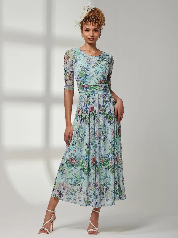 Women's Stylish Vacation Attire Essentials On Sale Bella Print 3/4 Sleeve Mesh Maxi Dress, Green Floral