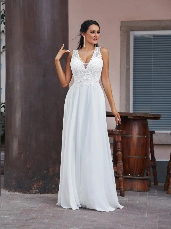 Women's Clothing For Everyday Wear Flash Sale A-Line/Princess Chiffon Lace V-neck Sleeveless Floor-Length Wedding Dresses