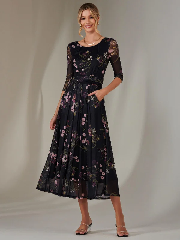 Women's Work Apparel Don't Miss Out Bella Print 3/4 Sleeve Mesh Maxi Dress, Floral Multi
