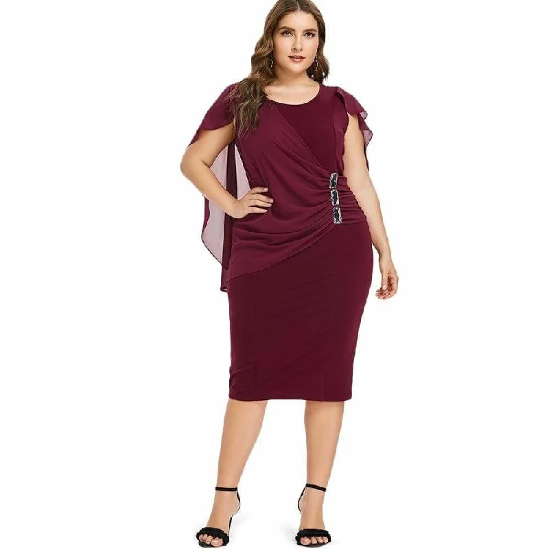 Modern Women's Attire Trend Leading Collection FashionSierra - Clearance Rhinestone Ruched Embellished Capelet Dress O-Neck Sleeveless