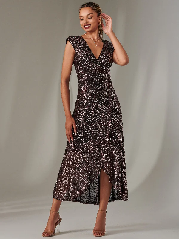 Women's Formal Event Outfit Sporty Fashion Offers Sequin Ruffle Hem Maxi Dress, Black Rose Gold