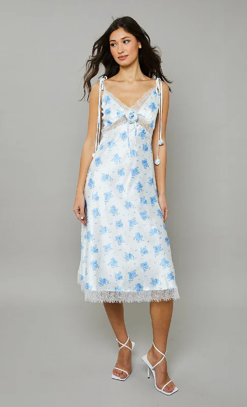 Women's Cozy Clothes Sophisticated Fashion Blue Cami-floral Lace Slip Midi Dress