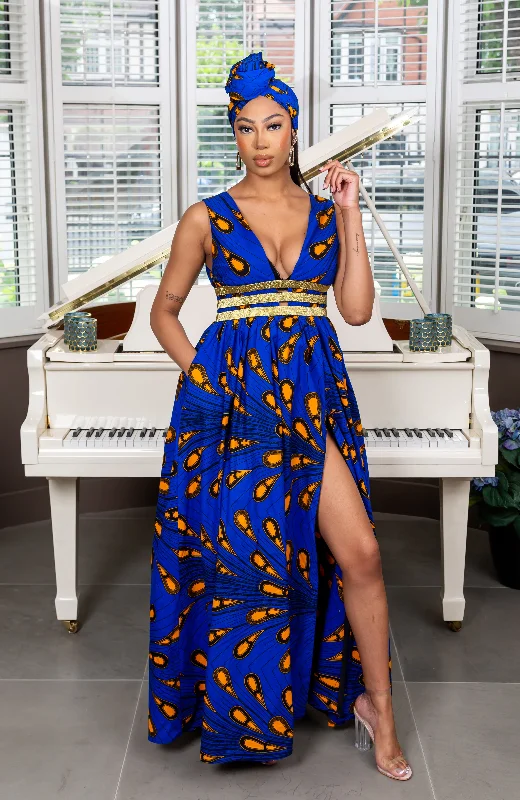 Stylish Women's Clothing Browse Our Top Products African Print Blue Plunge Neckline Maxi Dress - ELLA