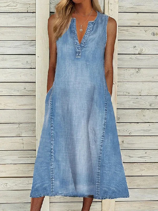 Women's Work Outfit Fall Sale, Prices Drop FashionSierra - Women V-neck Sleeveless Midi Dress Spring Summer Denim Shrink-resistant Pockets