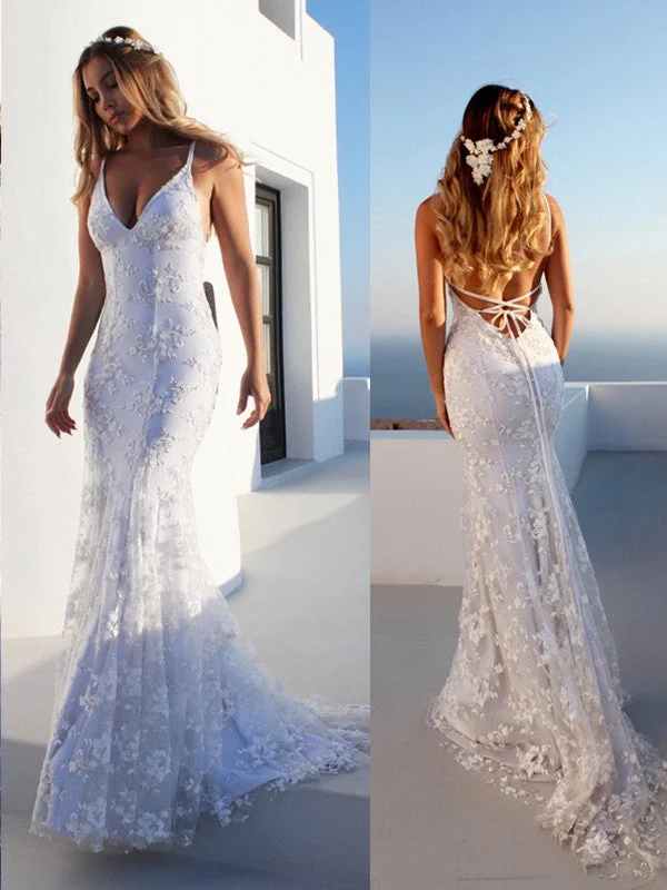 Stylish Outerwear Clothes For Women Budget Friendly Trumpet/Mermaid Spaghetti Straps Sleeveless Lace Court Train Wedding Dresses