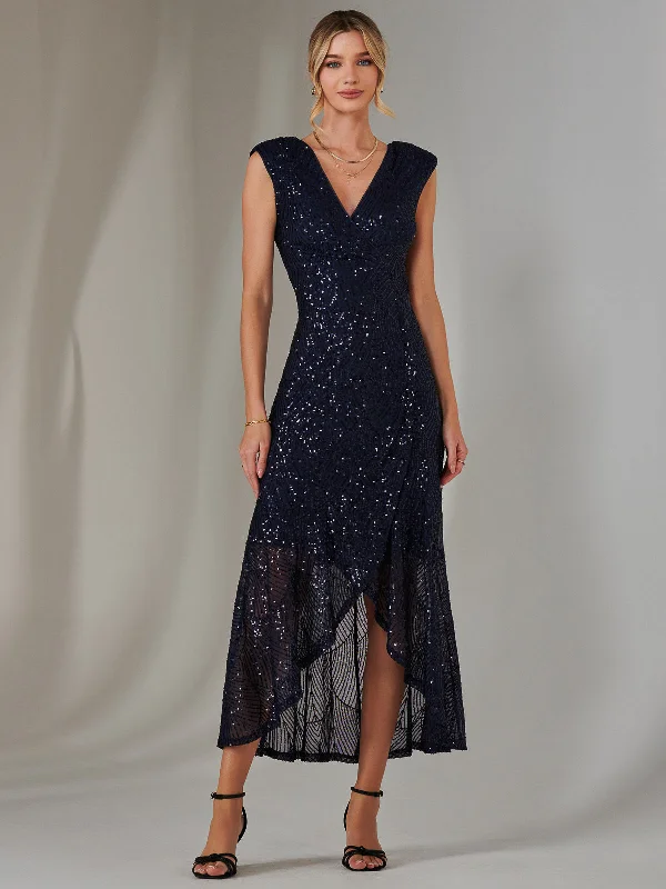 Women's Clothing For Work Budget-Friendly Fashion Sequin Ruffle Hem Maxi Dress, Navy