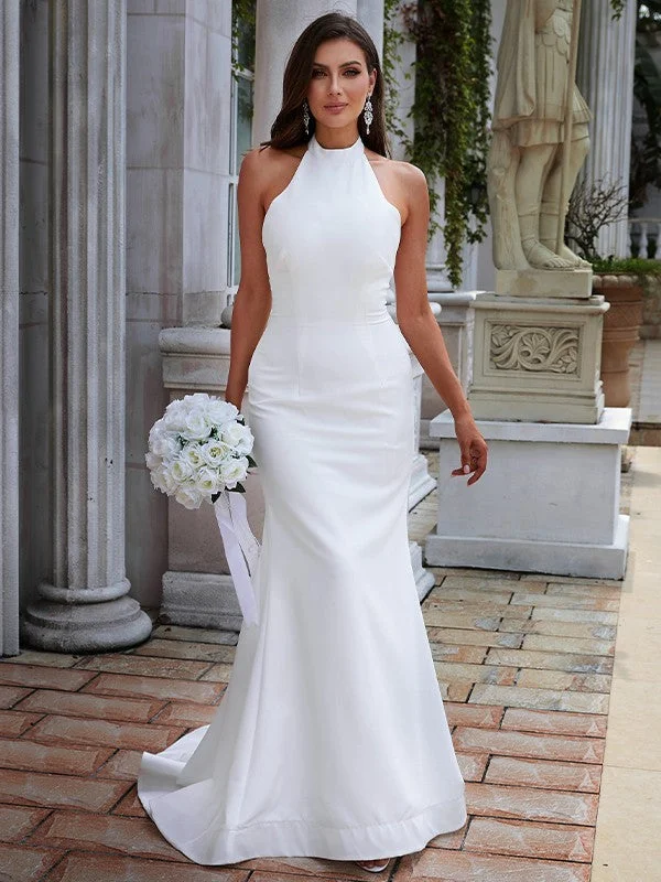 Women's Formal Event Clothing New Arrivals Sheath/Column Stretch Crepe Ruched Halter Sleeveless Sweep/Brush Train Wedding Dresses