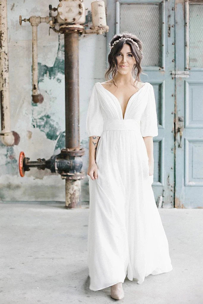 Women's Workout Clothing Feminine Style Promotions A Line Ivory Chiffon V neck Wedding Dresses, Half Sleeves Long Wedding Gowns Women's Workout Clothing Feminine Style Promotions A Line Ivory Chiffon V neck Wedding Dresses, Half Sleeves Long Wedding Gowns