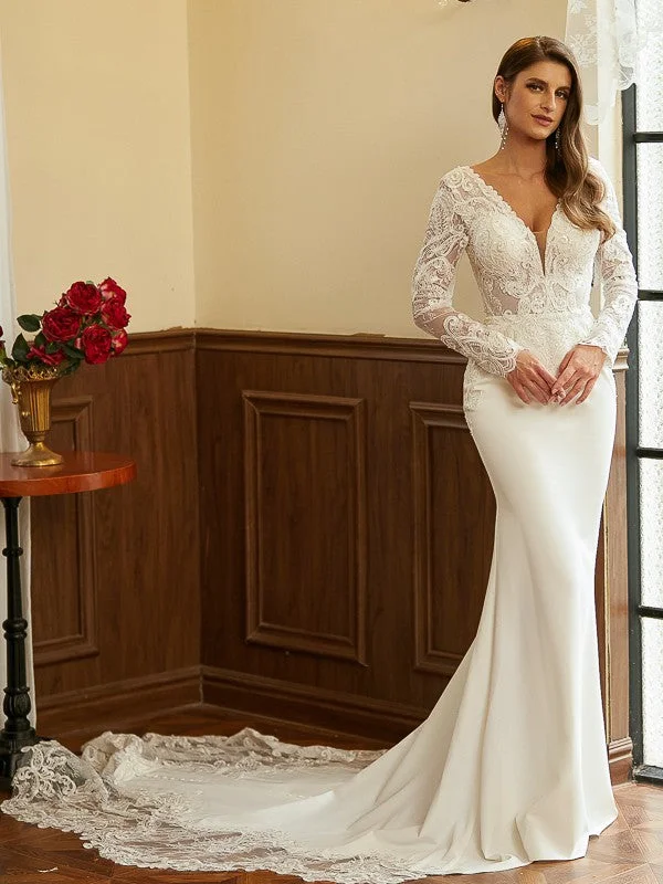 Comfortable Women's Apparel Chic Style Discounts Sheath/Column Stretch Crepe Lace V-neck Long Sleeves Cathedral Train Wedding Dresses Comfortable Women's Apparel Chic Style Discounts Sheath/Column Stretch Crepe Lace V-neck Long Sleeves Cathedral Train Wedding Dresses