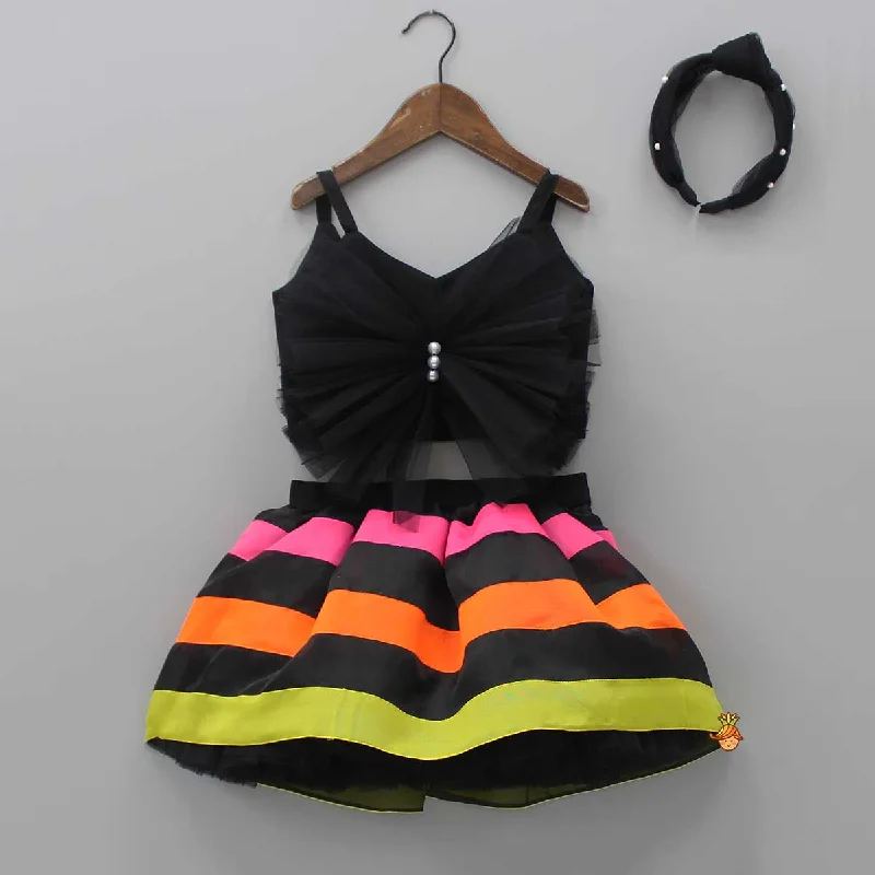 Women's High-Fashion Clothes Swimwear Summer Blowout Black Frilly Bow Top And Multi Colour Lace Applique Skirt With Matching Pearl Work Hair Band Women's High-Fashion Clothes Swimwear Summer Blowout Black Frilly Bow Top And Multi Colour Lace Applique Skirt With Matching Pearl Work Hair Band