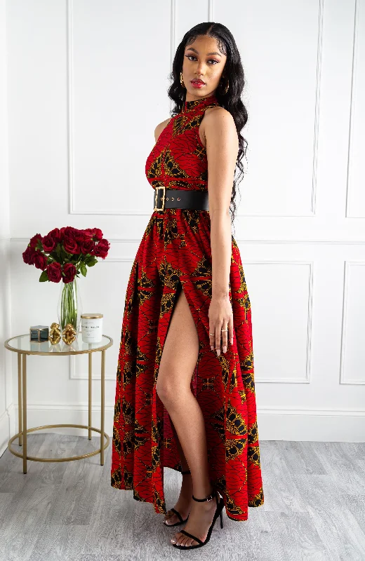 Women's Comfy Attire For Lounging Vibrant Style Promotions Authentic African Wax Sleeveless Turtleneck Maxi Dress - CORDELIA