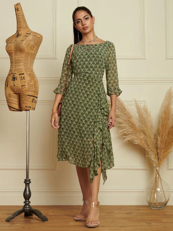 Women's Casual Outfit Discover Now Floral Chiffon Frill Hem Midi dress, Green Multi