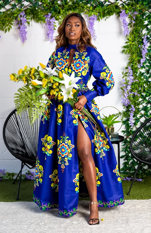 Stylish Outerwear Clothing For Women Latest Fashion African Print High Neck Deep V Long-Sleeved Maxi Dress - FRANCA