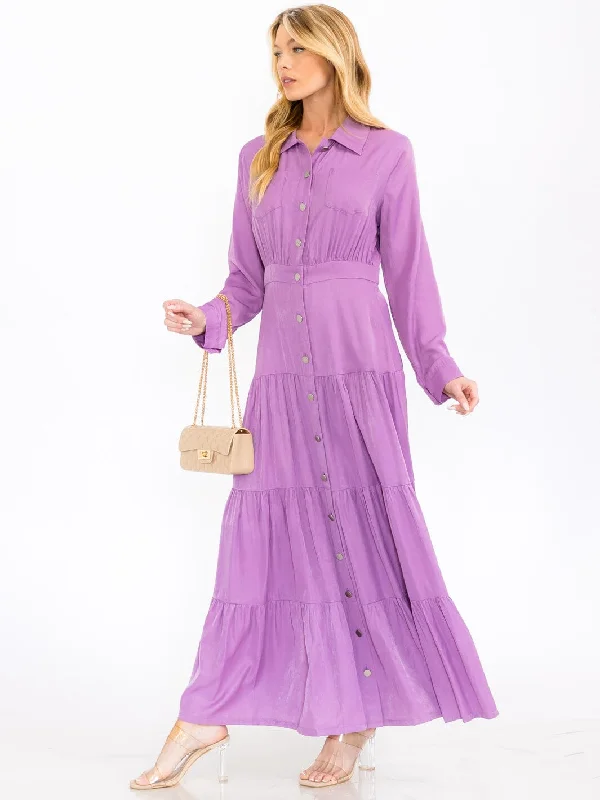High-Fashion Women's Clothing Big Savings WOMEN'S LONG SLEEVE BUTTON UP TIERED MAXI DRESS