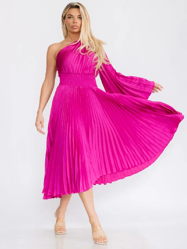 Comfortable Women's Clothing Elegant Style WOMEN'S ONE SHOULDER LONG BELL SLEEVE SMOCK WAIST PLEATED MAXI DRESS